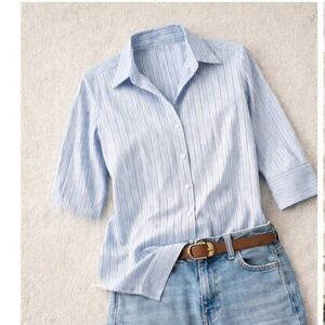 Lands' End Striped 3/4 Sleeve Button Down Shirt Women's 0P Petite Blue